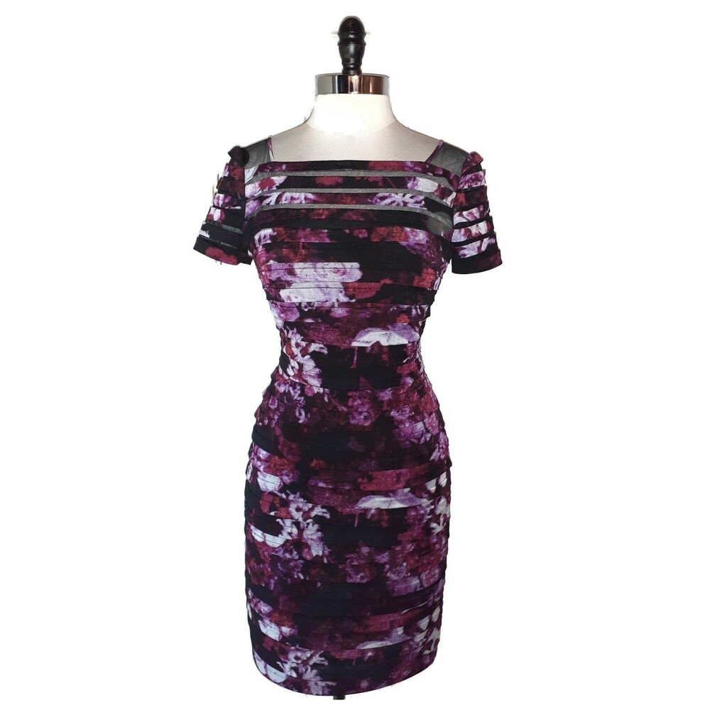 ADRIANNA PAPELL Size 8 Sheath Dress Black Purple Floral Short Sleeve Tiered